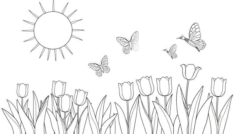 Un dessin au trait de paysage printanier avec un soleil, des papillons, des colibris et des tulipes fermées, prêt pour le color panel.