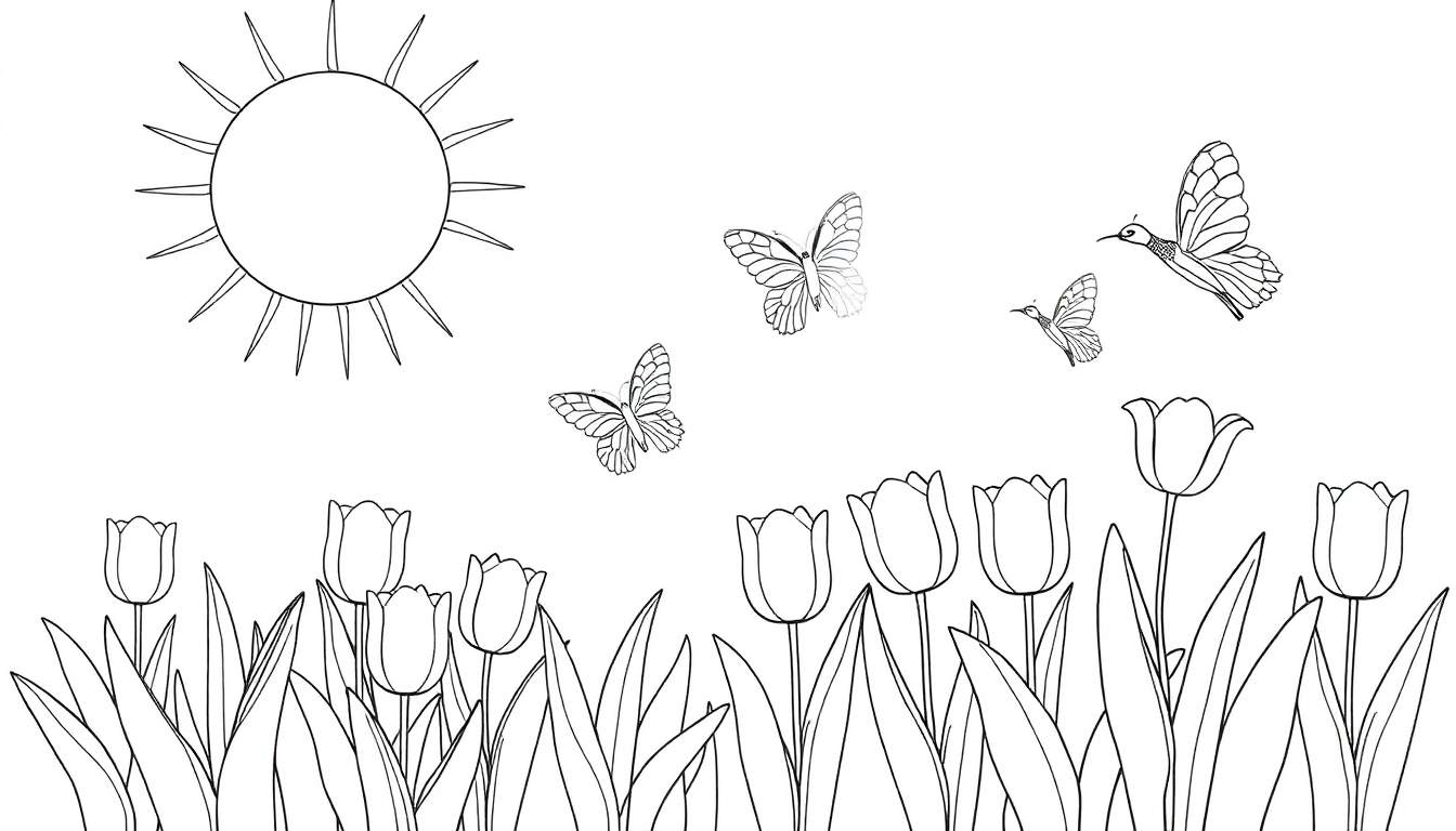 Un dessin au trait de paysage printanier avec un soleil, des papillons, des colibris et des tulipes fermées, prêt pour le color panel.
