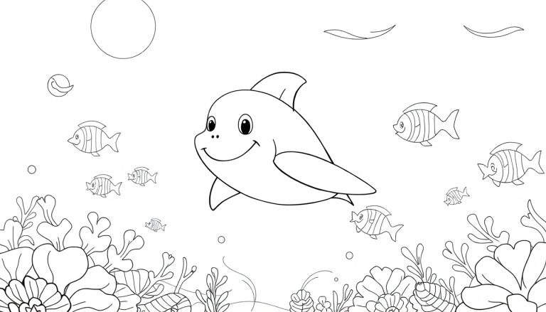 Illustration en noir et blanc d'un dauphin joueur, entouré de poissons et de plantes marines, prête à être coloriée dans un color panel.