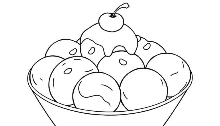 Dessin au trait d'une glace avec des boules, de la sauce et une cerise, prêt à être coloré comme un color panel.