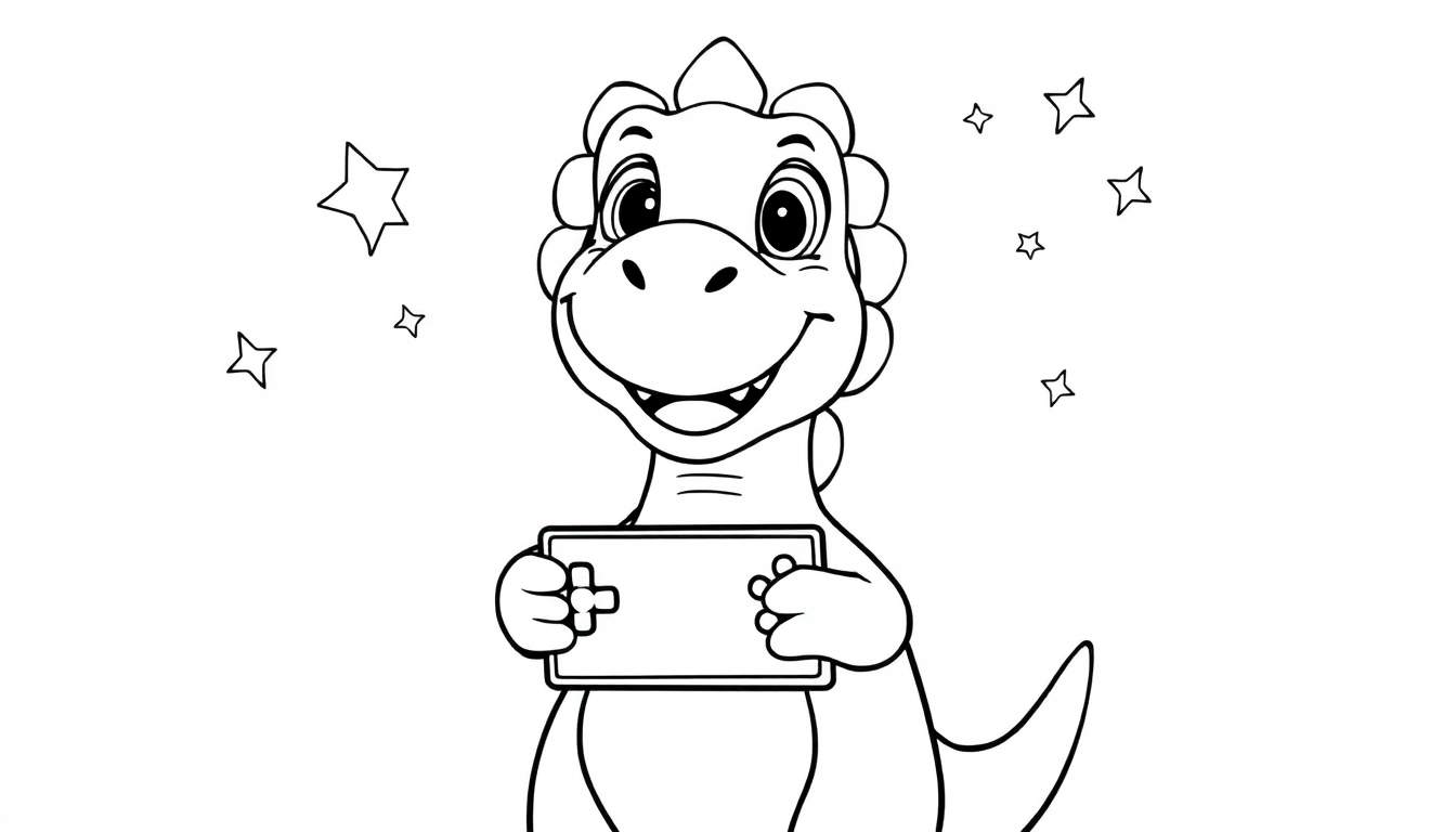 Dessin d'un dinosaure mignon jouant à un jeu vidéo, entouré d'étoiles.