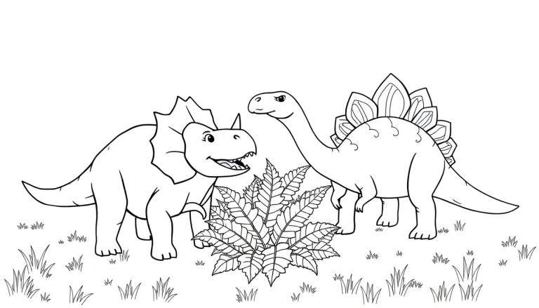 A simple colour plate line drawing of a friendly Triceratops and a Stegosaurus with a leafy bush and grass.