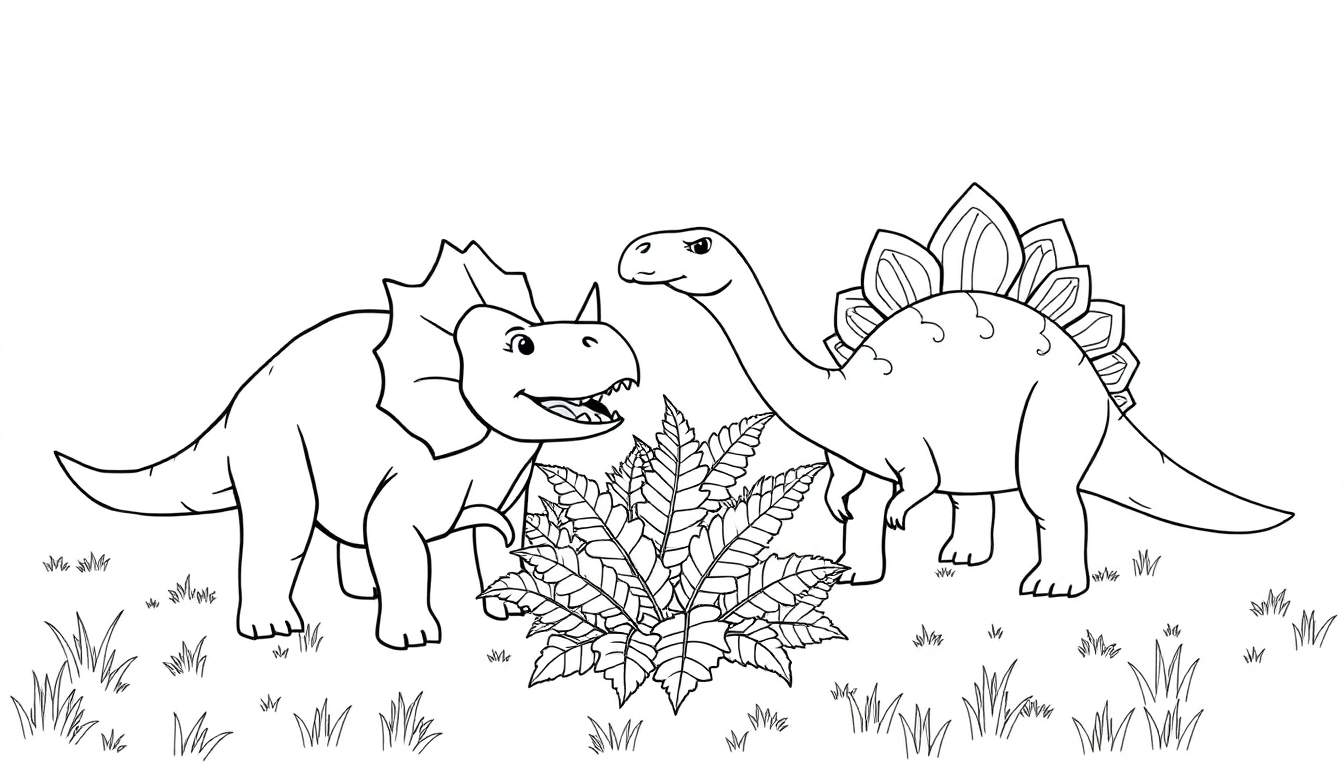 A simple colour plate line drawing of a friendly Triceratops and a Stegosaurus with a leafy bush and grass.