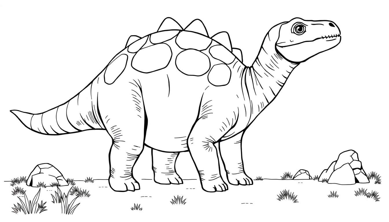 Un dinosaure herbivore avec des plaques sur le dos, dessiné en noir et blanc pour le coloriage.