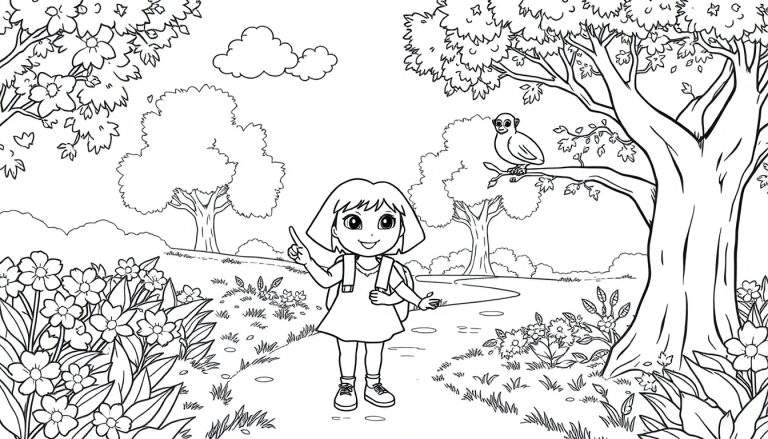 Page à colorier de Dora l'exploratrice dans une forêt avec des fleurs, de l'herbe et un arbre.