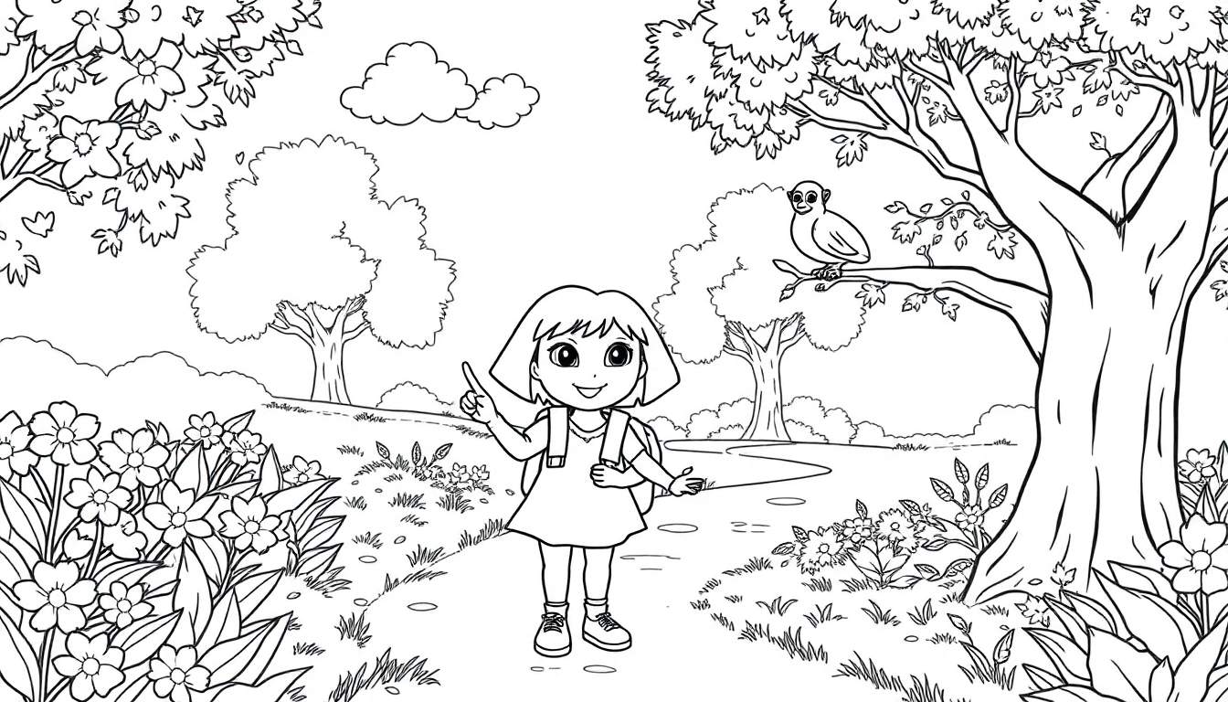 Page à colorier de Dora l'exploratrice dans une forêt avec des fleurs, de l'herbe et un arbre.