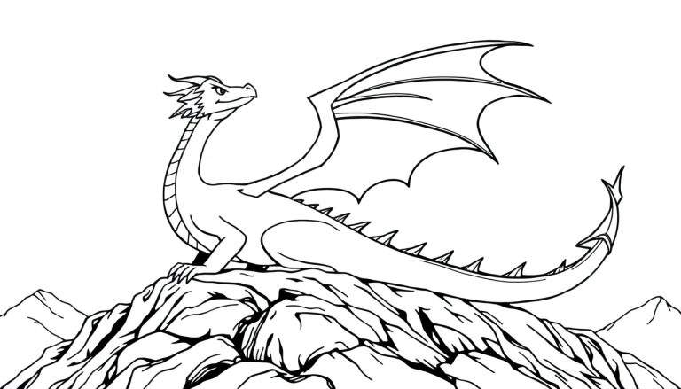 Dessin au trait noir et blanc d'un dragon sage perché sur des rochers, prêt à être colorié.