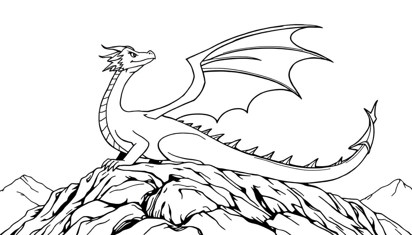 Dessin au trait noir et blanc d'un dragon sage perché sur des rochers, prêt à être colorié.