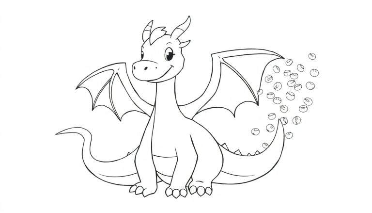 Dessin au trait d'un dragon mignon soufflant des bulles de savon, parfait pour un color panel.