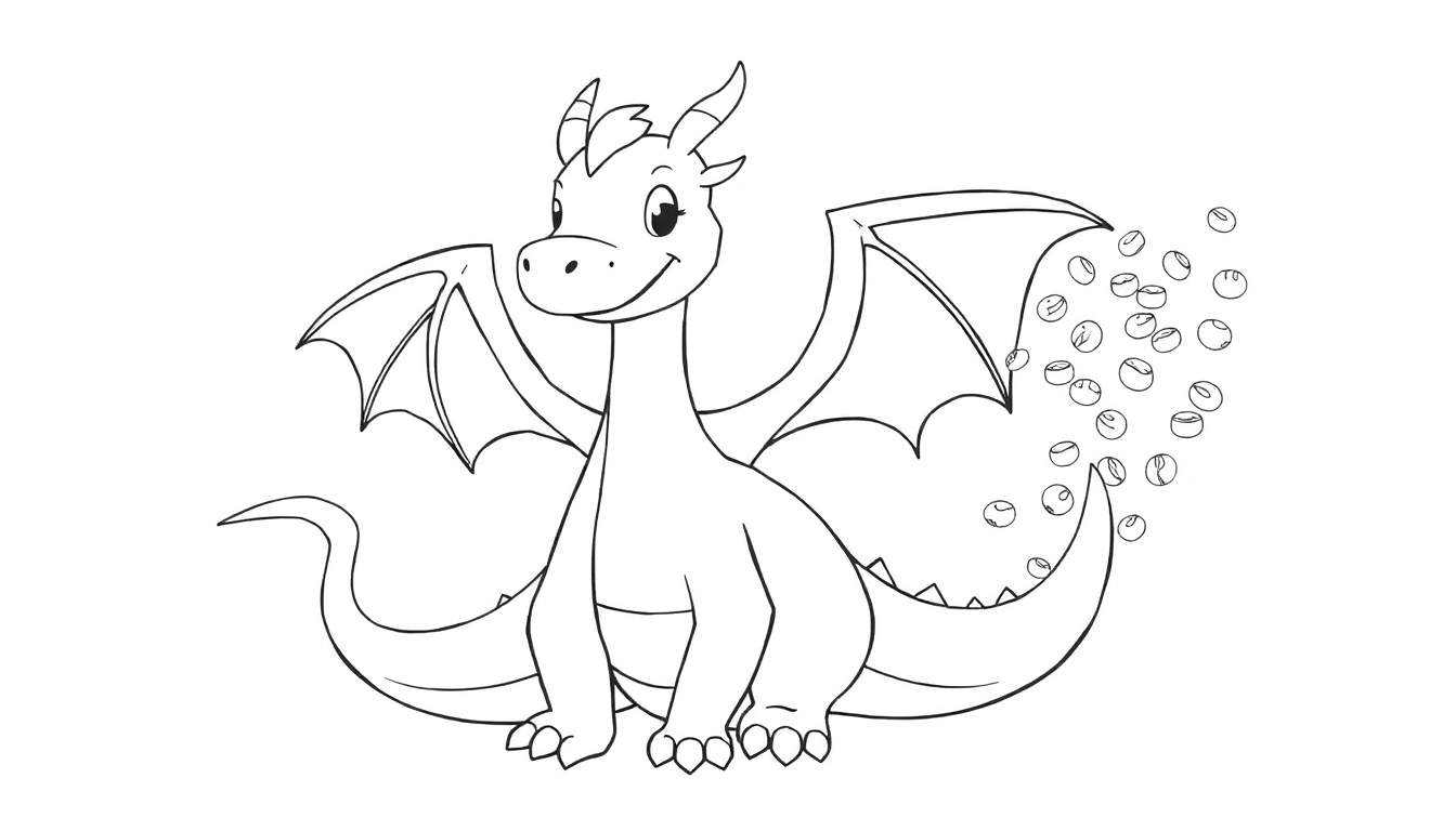 Dessin au trait d'un dragon mignon soufflant des bulles de savon, parfait pour un color panel.