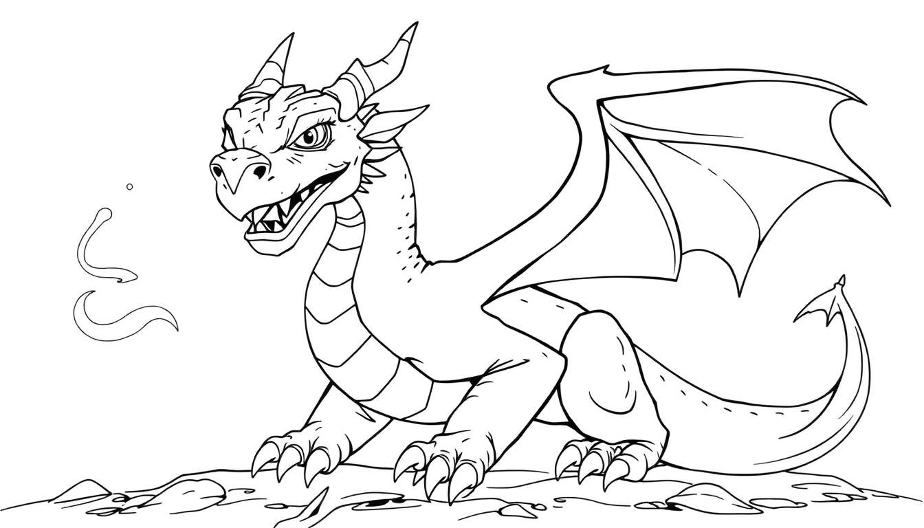 Dragon dessiné au trait en noir et blanc, prêt pour un color panel.