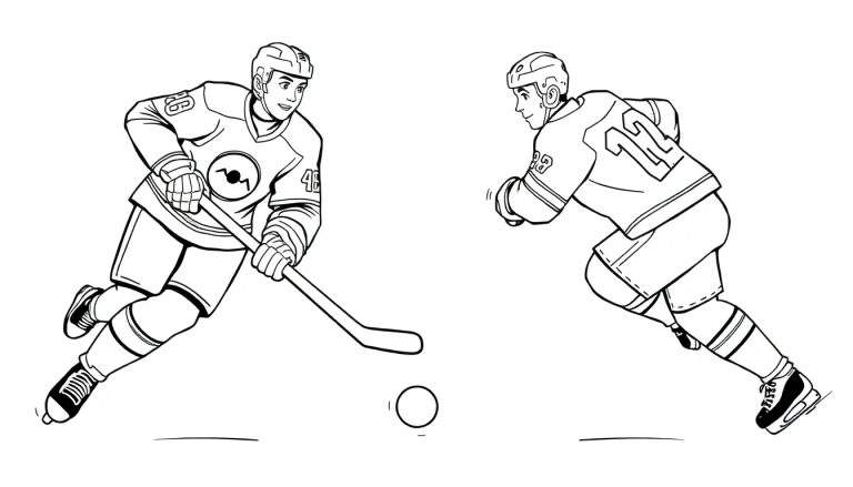 Deux joueurs de hockey sur glace, l'un prêt à frapper une rondelle, avec des maillots numérotés 46 et 12, le tout en noir et blanc.