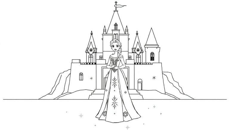 Dessin au trait d'Elsa devant un château de glace, style coloriage.