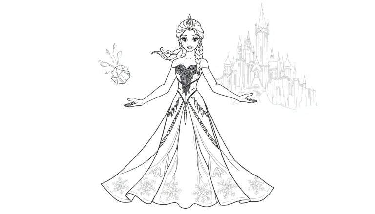 Dessin au trait d'Elsa avec un château de glace, pour une page à colorier.