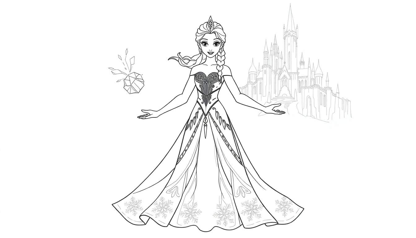 Dessin au trait d'Elsa avec un château de glace, pour une page à colorier.