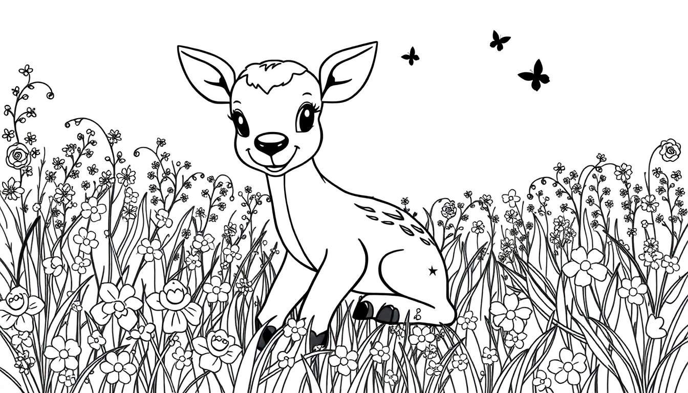 Un dessin au trait d'un faon mignon dans un champ de fleurs sauvages, avec trois papillons volant au-dessus. Prêt pour un color panel.