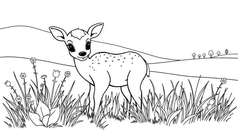 Un dessin au trait d'un faon aux grands yeux expressifs se tenant dans un champ herbeux parsemé de fleurs, avec de douces collines en arrière-plan. Un color panel parfait pour une activité créative.