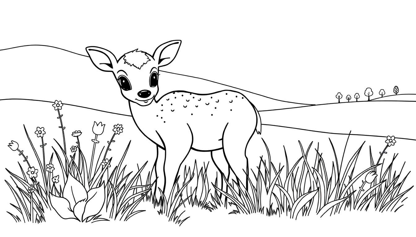 Un dessin au trait d'un faon aux grands yeux expressifs se tenant dans un champ herbeux parsemé de fleurs, avec de douces collines en arrière-plan. Un color panel parfait pour une activité créative.