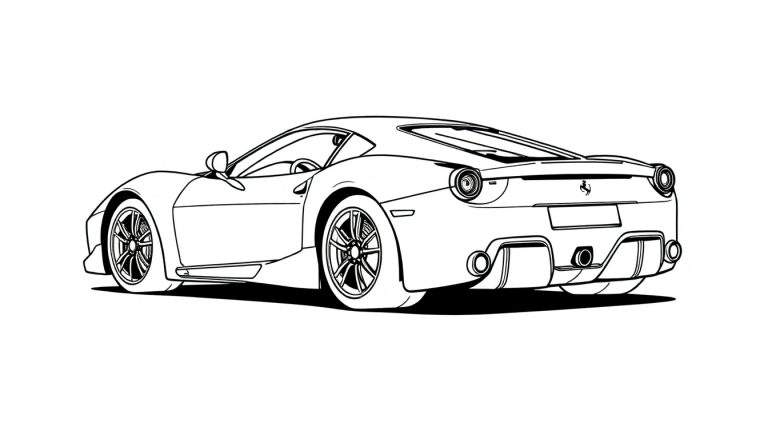 Dessin au trait noir et blanc d'une voiture de sport Ferrari vue de l'arrière, prête pour le color panel.
