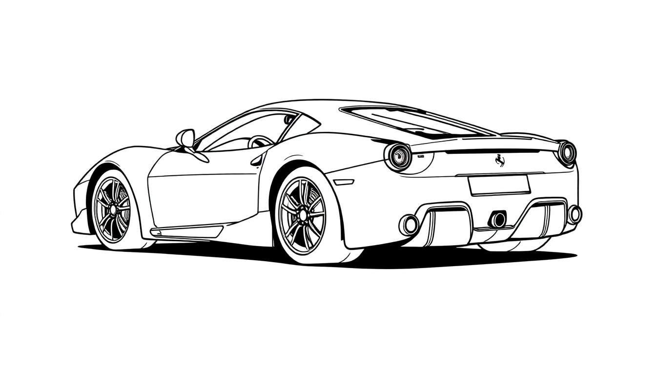 Dessin au trait noir et blanc d'une voiture de sport Ferrari vue de l'arrière, prête pour le color panel.