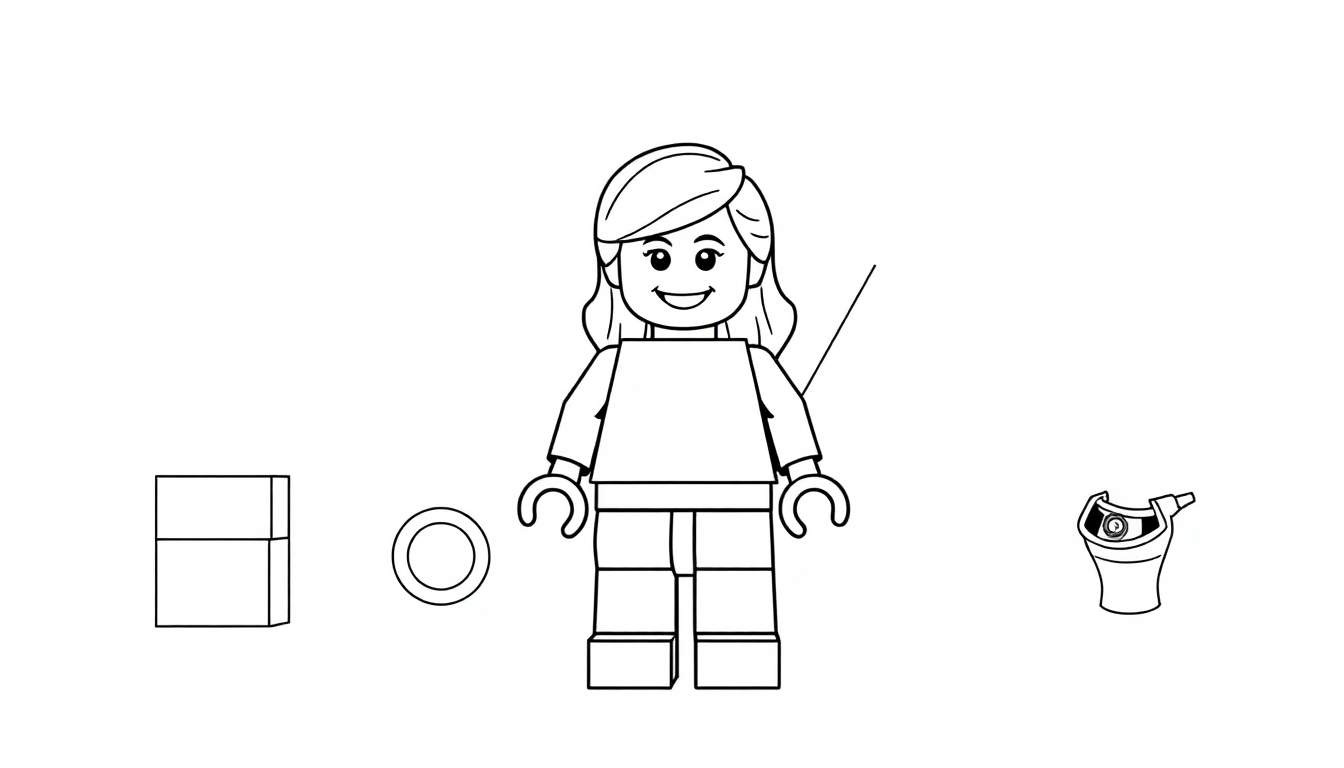 Figurine LEGO souriante avec des blocs LEGO à côté, dans un style de dessin au trait sur fond blanc, parfait pour un color panel.