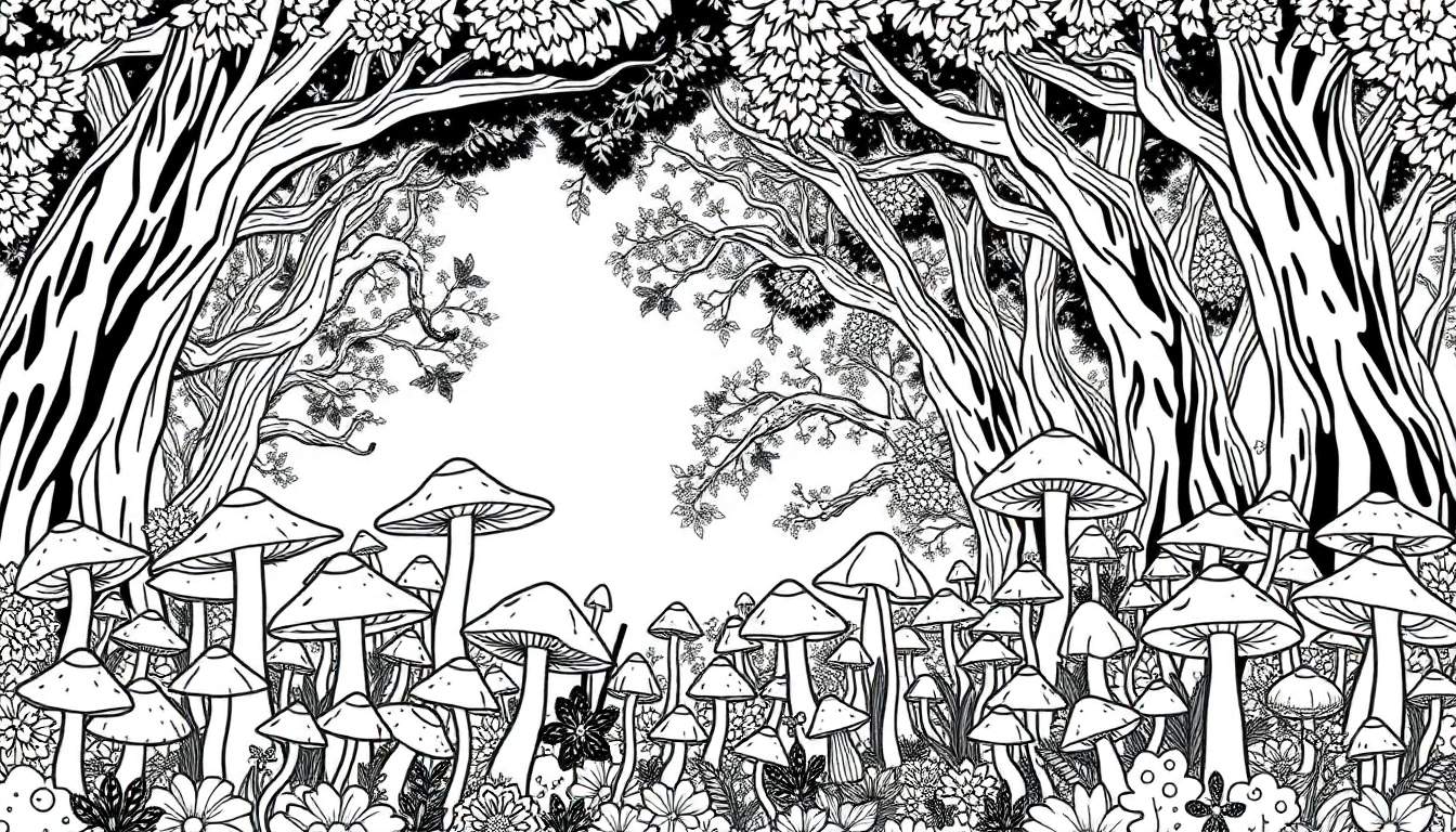 Un dessin au trait d'une forêt enchantée avec de nombreux champignons, fleurs et arbres. Le style est celui d'une page à colorier.