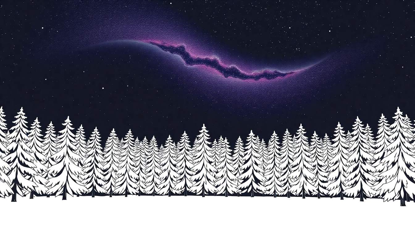 Forêt enneigée la nuit sous un ciel étoilé et une nébuleuse colorée, pour un coloriage.