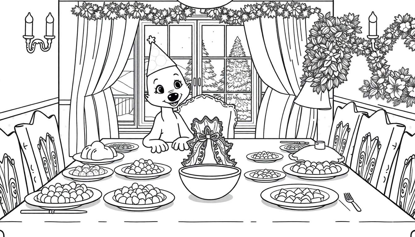 Personnage de dessin animé joyeux avec un chapeau de fête assis à une table de fête remplie de nourriture.