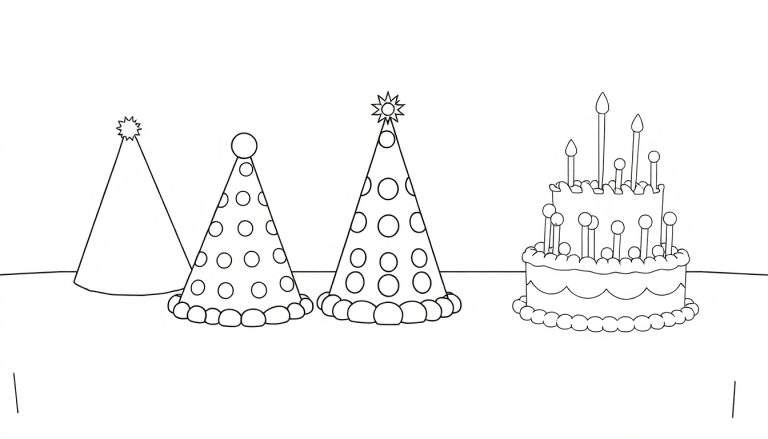 Page de coloriage de fête d'anniversaire avec chapeaux et gâteau, color panel.