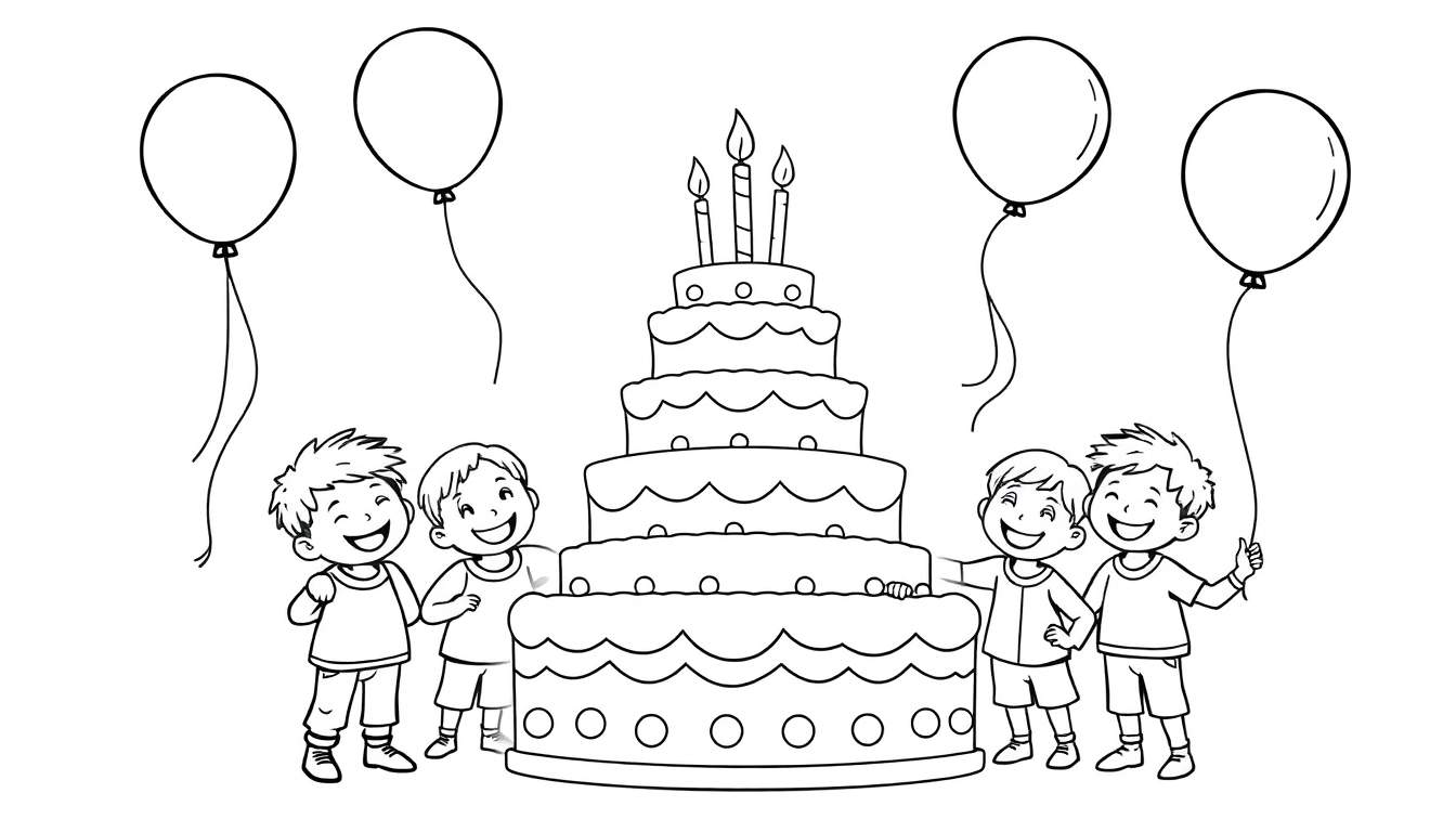 Dessin en noir et blanc d'enfants souriants devant un gâteau d'anniversaire avec des ballons, prêt à être colorié dans le color panel.