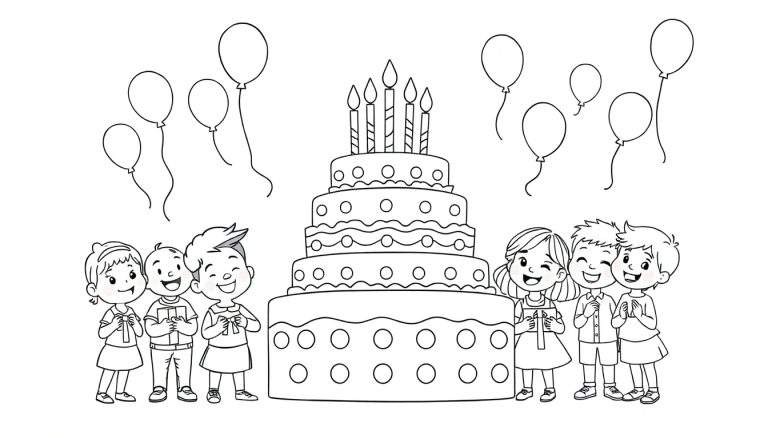 Un dessin au trait d'enfants célébrant un anniversaire avec un gâteau coloré et des ballons, prêt pour le color panel.