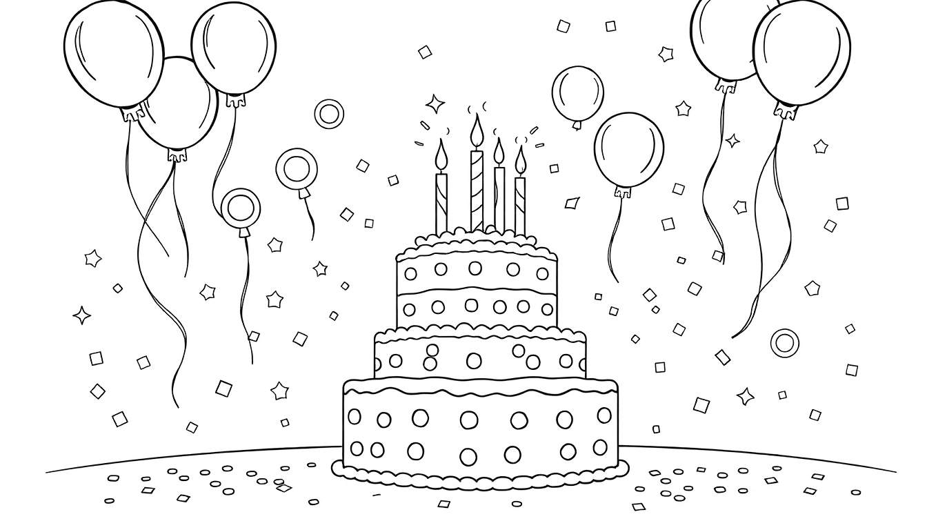 Un gâteau d'anniversaire noir et blanc à trois étages avec des bougies allumées, des ballons et des confettis.