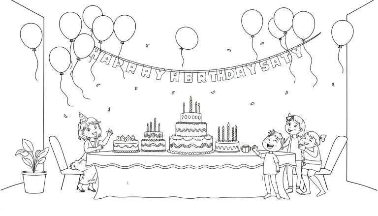 Dessin au trait d'une fête d'anniversaire avec gâteaux, ballons, banderole 'HAPPY BIRTHDAY SATY' et enfants joyeux. Le color panel invite à la coloration.