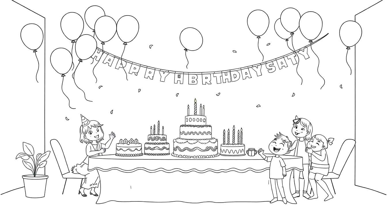 Dessin au trait d'une fête d'anniversaire avec gâteaux, ballons, banderole 'HAPPY BIRTHDAY SATY' et enfants joyeux. Le color panel invite à la coloration.