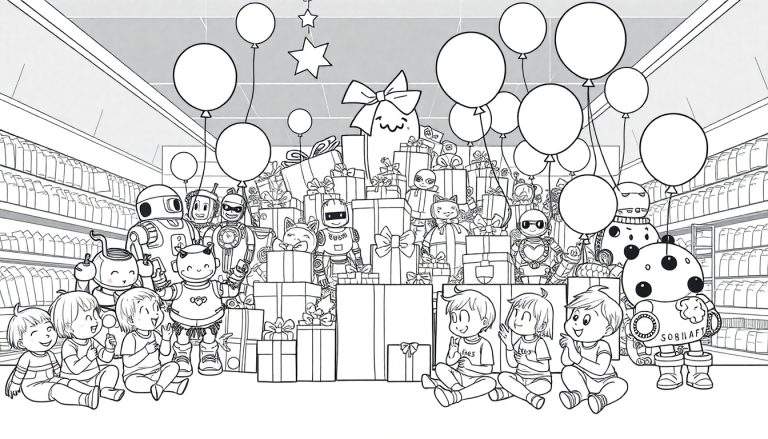 Illustration en noir et blanc d'enfants et de robots entourant des cadeaux dans un magasin, avec des ballons flottants et des étagères de produits en arrière-plan, style livre de coloriage.