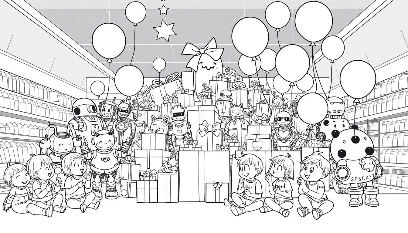 Illustration en noir et blanc d'enfants et de robots entourant des cadeaux dans un magasin, avec des ballons flottants et des étagères de produits en arrière-plan, style livre de coloriage.