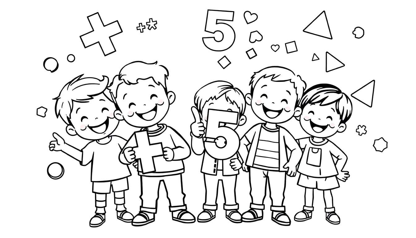 Cinq garçons souriants célébrant le chiffre 5 avec des symboles mathématiques flottant autour, sur une page de coloriage.
