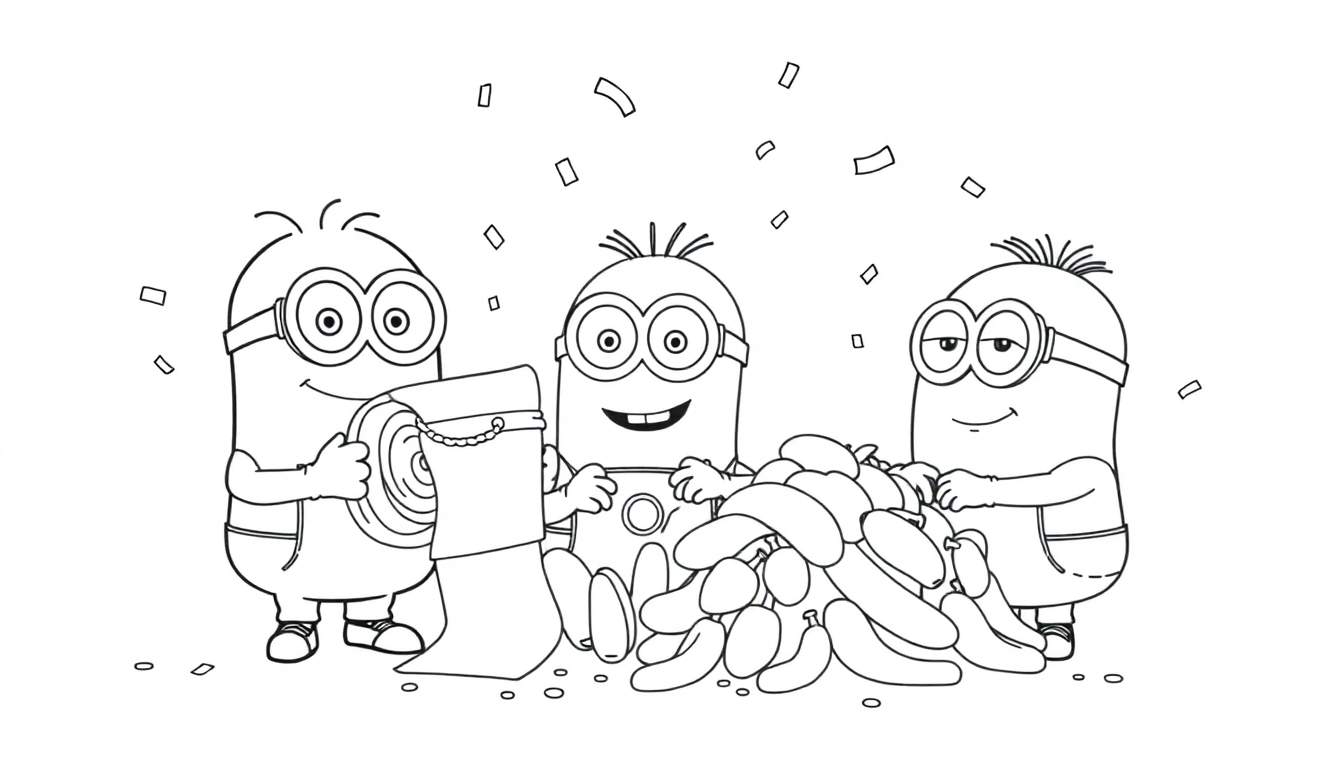 Dessin au trait de trois Minions qui font la fête, avec des confettis, un rouleau, un appareil photo et des bananes.
