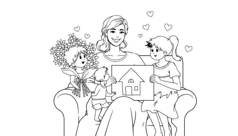 Une mère souriante reçoit un dessin et des fleurs de ses enfants.