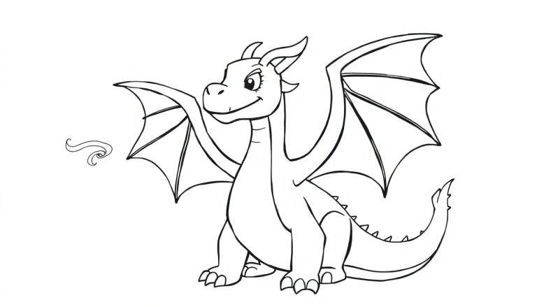 Dessin au trait d'un dragon de dessin animé amical assis avec des ailes déployées, prêt pour une aventure.