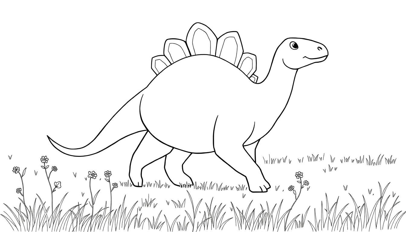 Un dessin au trait d'un stégosaure souriant sur une pelouse, prêt pour son color panel.