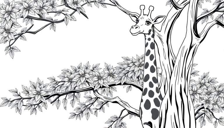 Dessin au trait d'une girafe amicale mangeant des feuilles d'un arbre fleuri, un panneau coloré.
