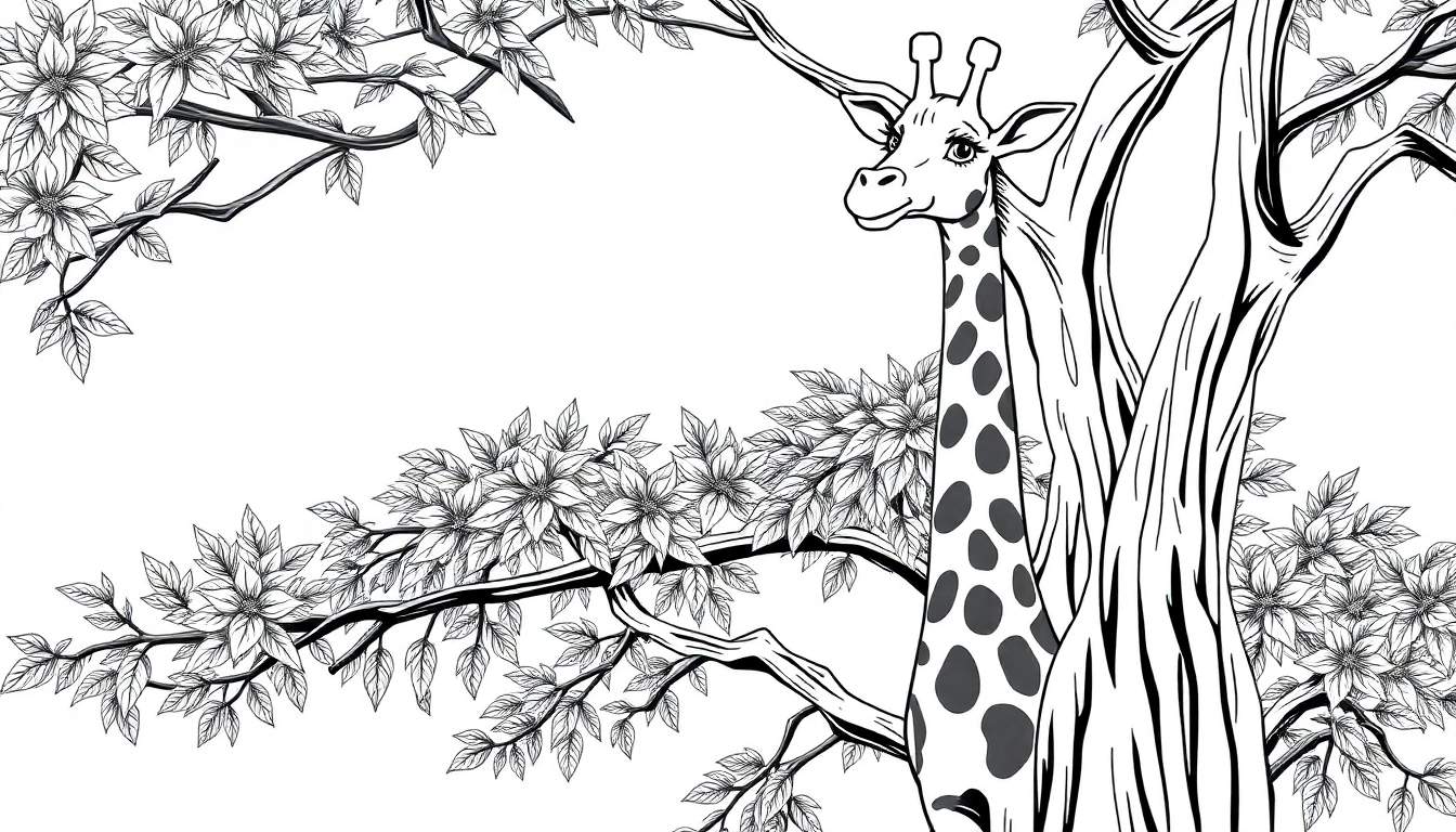 Dessin au trait d'une girafe amicale mangeant des feuilles d'un arbre fleuri, un panneau coloré.