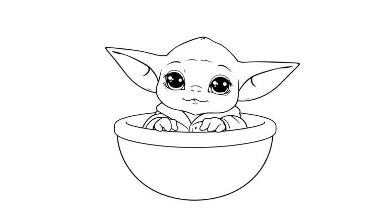 Dessin au trait de Grogu dans son conteneur, prêt pour un color panel.