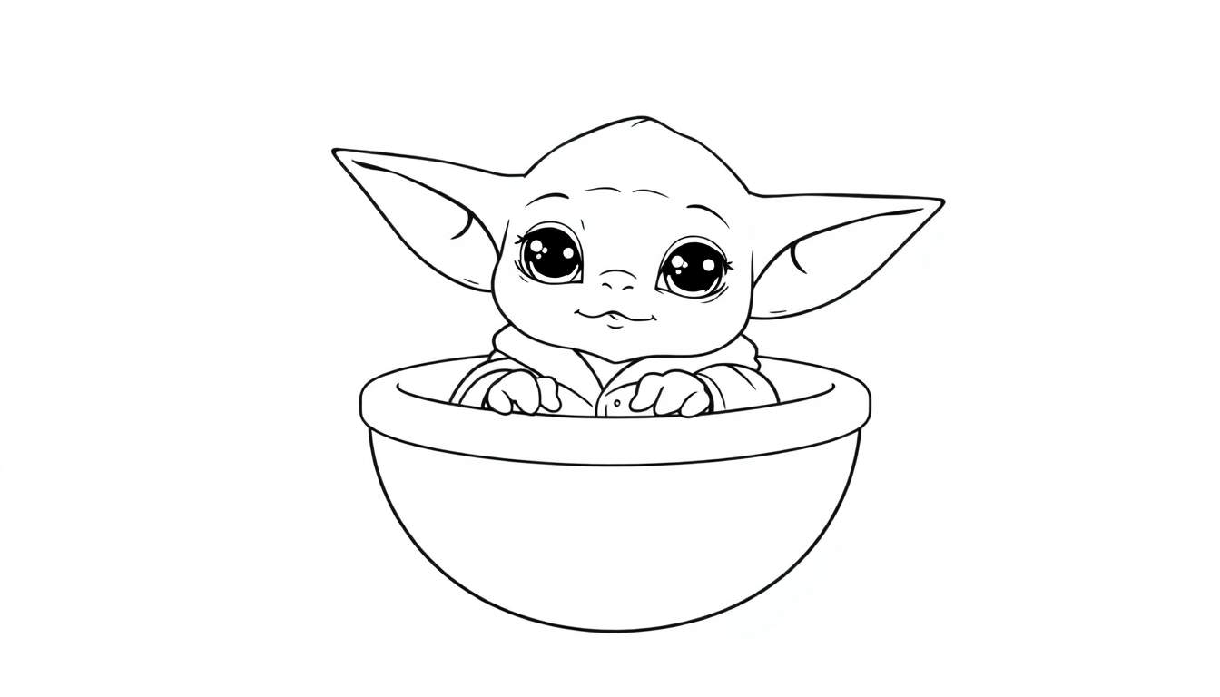Dessin au trait de Grogu dans son conteneur, prêt pour un color panel.