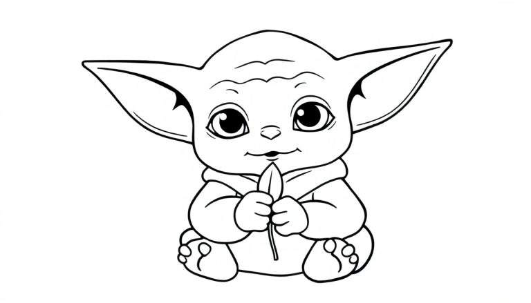 Un dessin au trait de Grogu, le Bébé Yoda, assis avec une feuille, prêt à être colorisé.