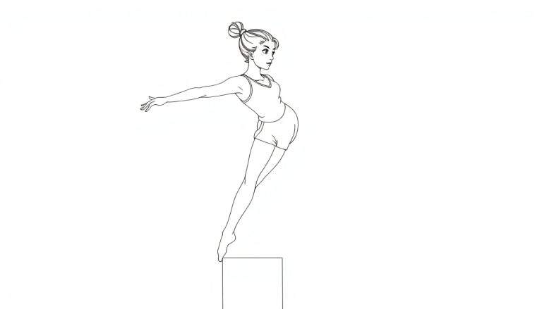 Jeune gymnaste en maillot de corps et short en équilibre sur une boîte, dessin au trait, color panel.