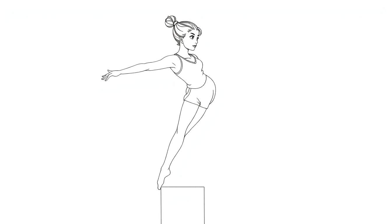 Jeune gymnaste en maillot de corps et short en équilibre sur une boîte, dessin au trait, color panel.