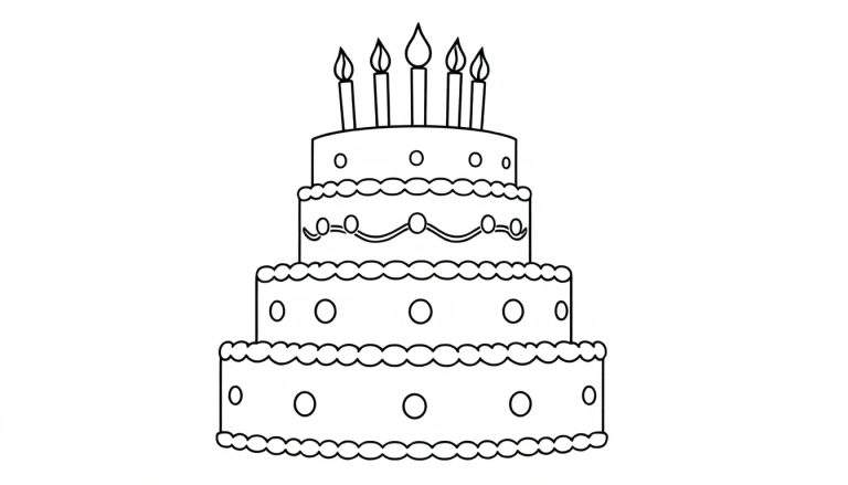 Un dessin de gâteau d'anniversaire à étages en noir et blanc, prêt à être coloré.