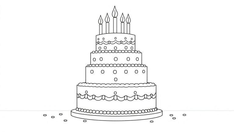 Un dessin simple en noir et blanc d'un gâteau d'anniversaire à plusieurs étages avec des bougies, des perles et des décorations circulaires. Un color panel parfait pour l'imagination !